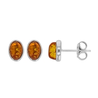 Boucles d'oreilles puces ovale 5 x 7mm, ambre cognac en argent 925/1000