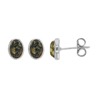 Boucles d'oreilles puces ovales 5 x 7mm, ambre verte en argent 925/1000