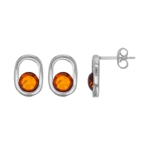 Boucles d'oreilles puces ovales ajourés, Ambre cognac en argent 925/1000 rhodié