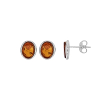 Boucles d'oreilles puces ovales, ambre cognac argent 925/1000 rhodié