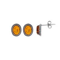 Boucles d'oreilles puces ovales en argent 925/1000 vieilli et ambre cognac