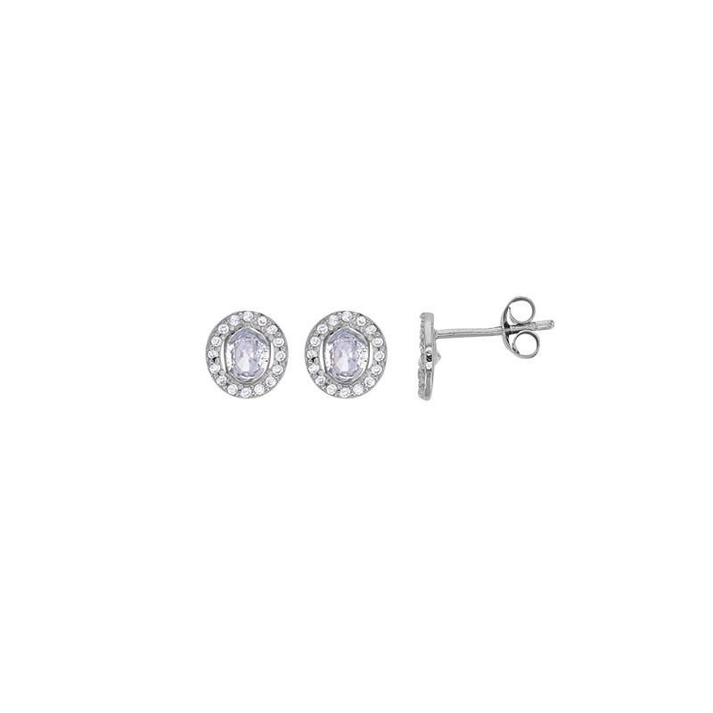 Boucles d'oreilles puces oxyde ovale, cercle avec oxydes, argent 925/1000 platiné