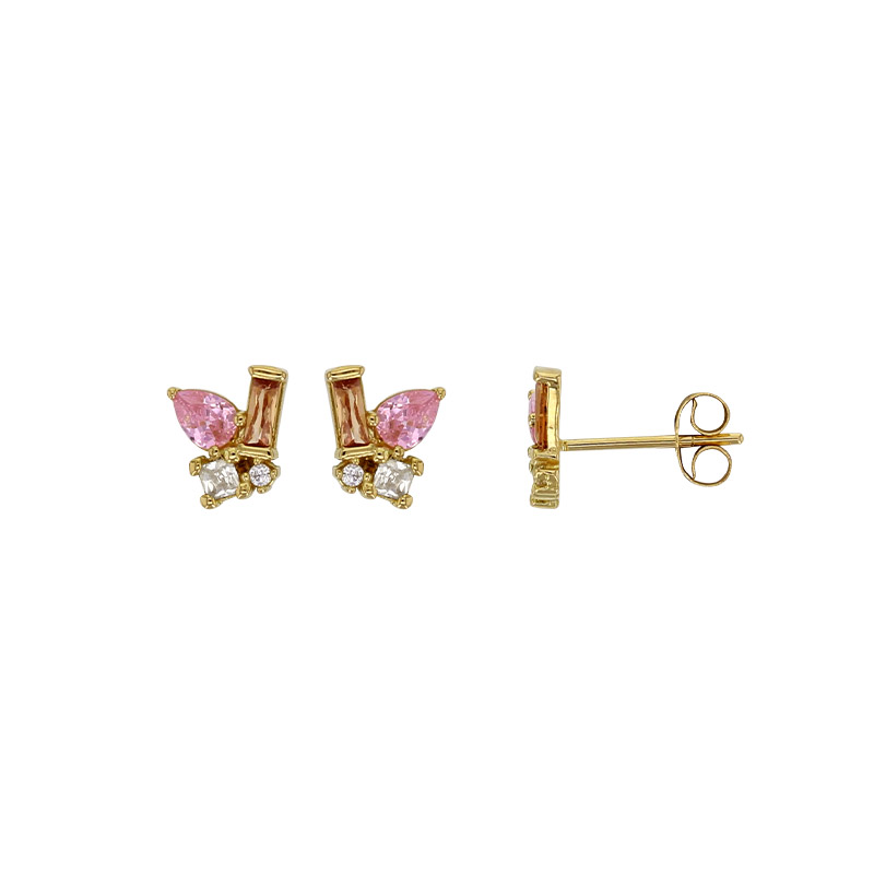 Boucles d'oreilles puces oxydes de couleurs claires, tailles ronde, baguette et poire, Or 750/1000