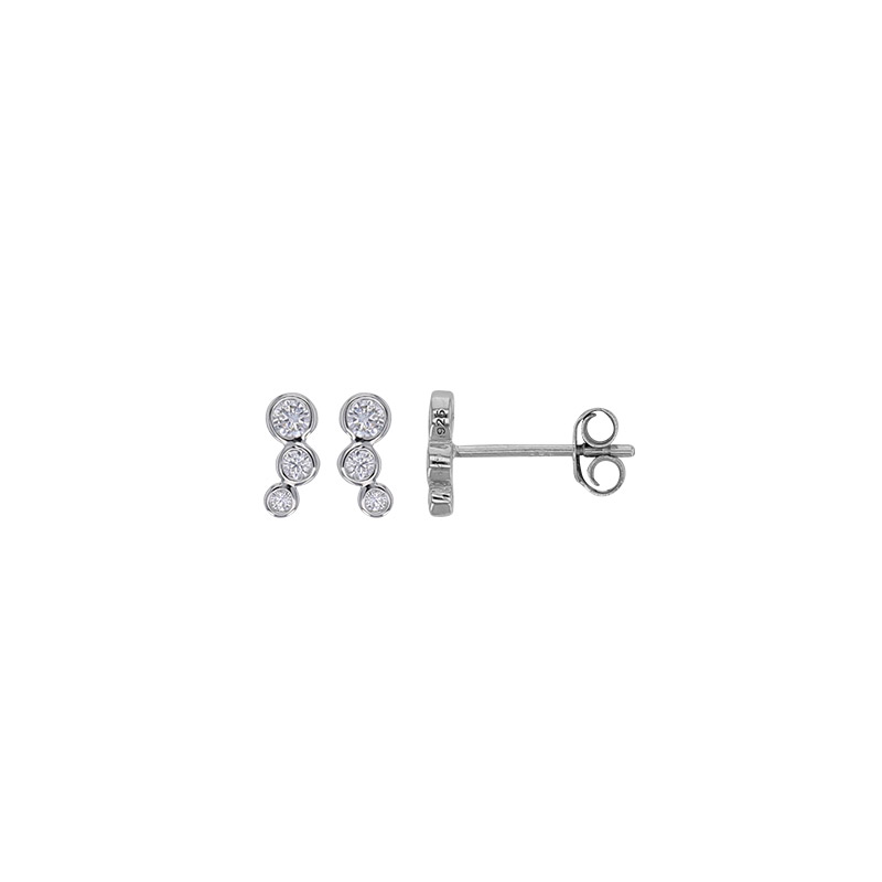 Boucles d'oreilles puces 3 oxydes ronds sertis clos, argent 925/1000 rhodié