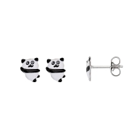 Boucles d'oreilles puces panda émaillé en argent 925/1000 rhodié