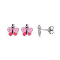 Boucles d'oreilles puces papillon émail rose, argent 925/1000 rhodié