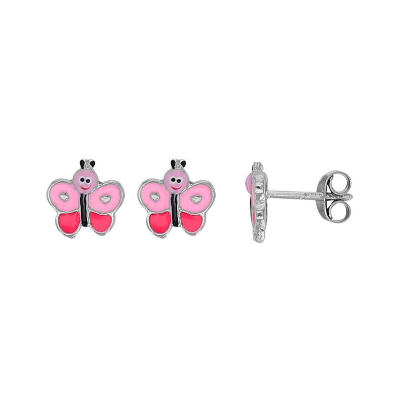 Boucles d'oreilles puces papillon émail rose, argent 925/1000 rhodié