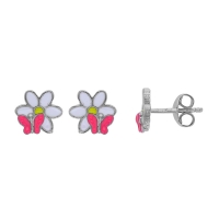 Boucles d'oreilles puces papillon sur fleur émail blanc et rose, argent 925/1000 rhodié