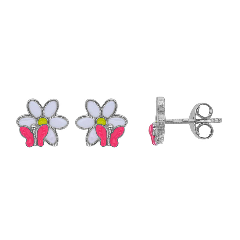 Boucles d'oreilles puces papillon sur fleur émail blanc et rose, argent 925/1000 rhodié