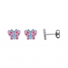 Boucles d'oreilles puces papillons émaillés roses, argent 925/1000 rhodié