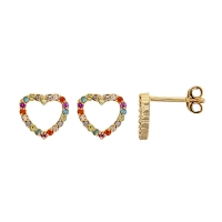 Boucles d'oreilles puces plaqué or, en forme de coeur ajouré, orné d'oxydes de zirconium de couleurs