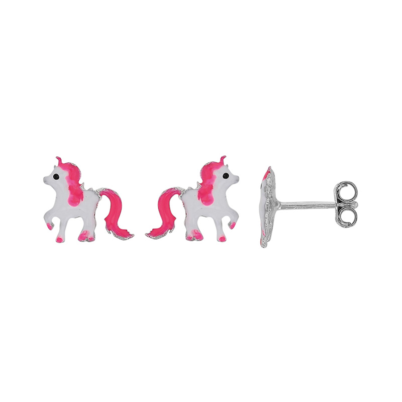 Boucles d'oreilles puces poney émail blanc et fuchsia, argent 925/1000 rhodié