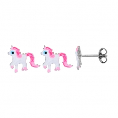 Boucles d'oreilles puces poney émaillés blanc et rose, argent 925/1000 rhodié