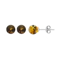 Boucles d'oreilles puces rondes 7mm ambre verte et argent 925/1000