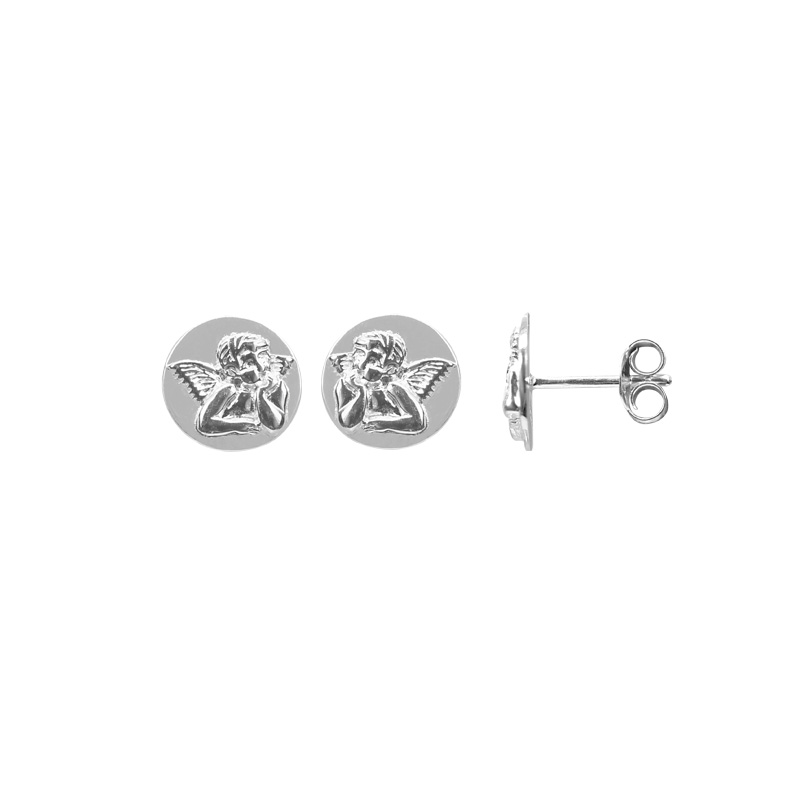 Boucles d'oreilles puces rondes anges en relief argent 925/1000 rhodié