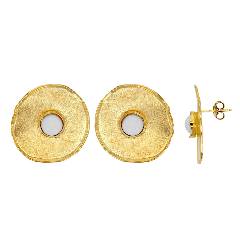 Boucles d'oreilles puces rondes avec pierre d'imitation blanche, argent 925/1000 doré