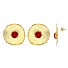 Boucles d'oreilles puces rondes avec pierre d'imitation corail, argent 925/1000 doré