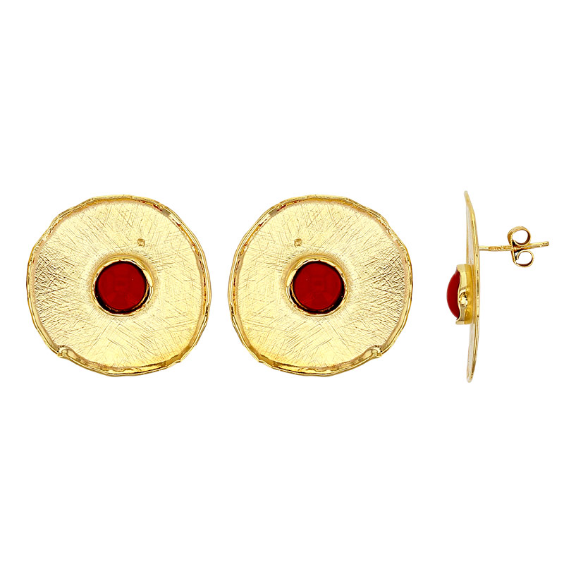 Boucles d'oreilles puces rondes avec pierre d'imitation corail, argent 925/1000 doré