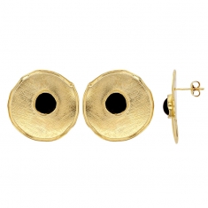 Boucles d'oreilles puces rondes avec pierre d'imitation noire, argent 925/1000 doré