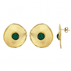 Boucles d'oreilles puces rondes avec pierre d'imitation verte, argent 925/1000 doré