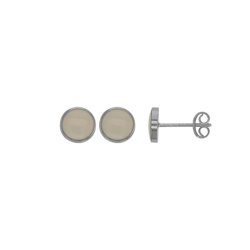 Boucles d'oreilles puces rondes émail noir, argent 925/1000 platiné