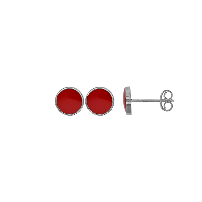 Boucles d'oreilles puces rondes émail noir, argent 925/1000 platiné