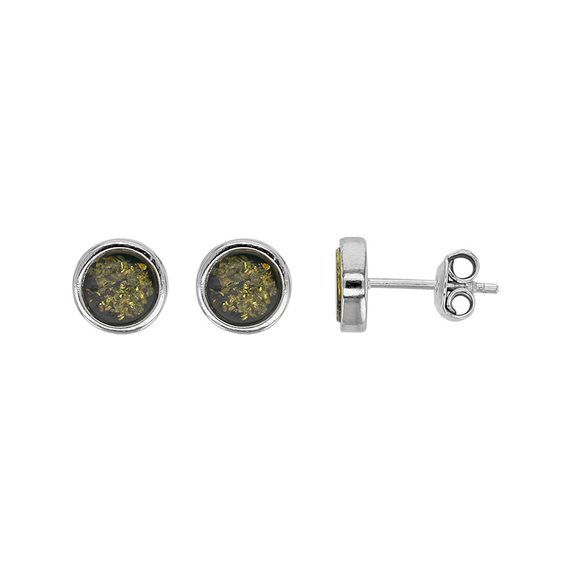 Boucles d'oreilles puces rondes et plates, ambre verte en argent 925/1000