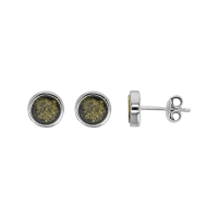 Boucles d'oreilles puces rondes et plates, ambre verte en argent 925/1000