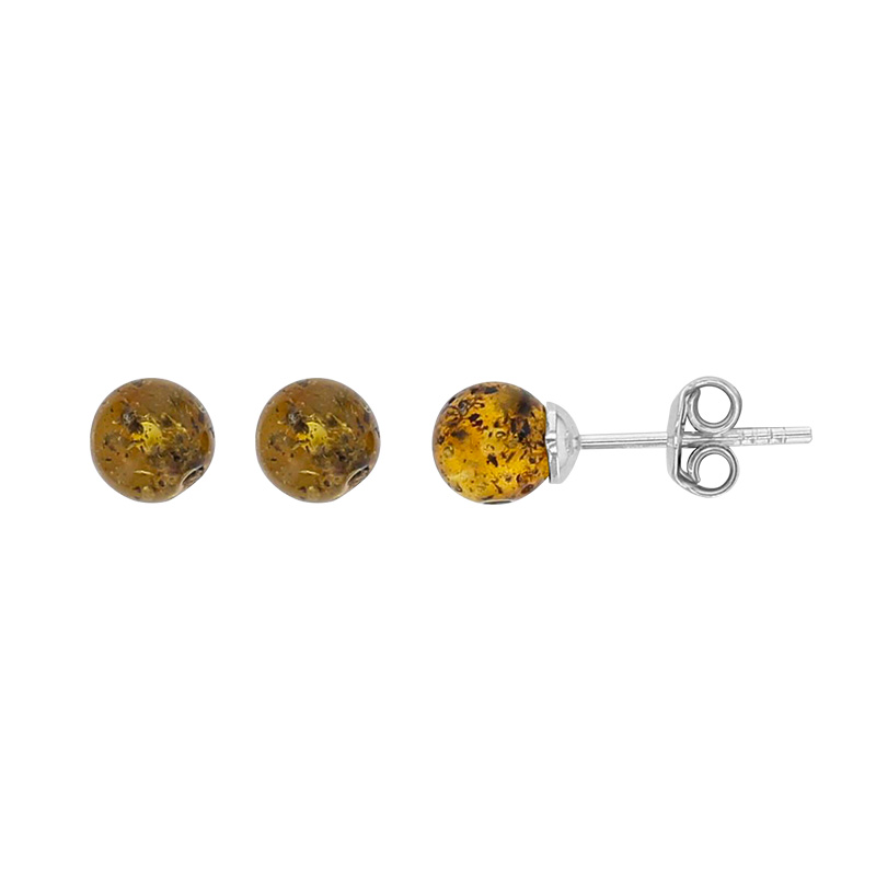 Boucles d'oreilles puces rondes 6mm ambre verte et argent 925/1000