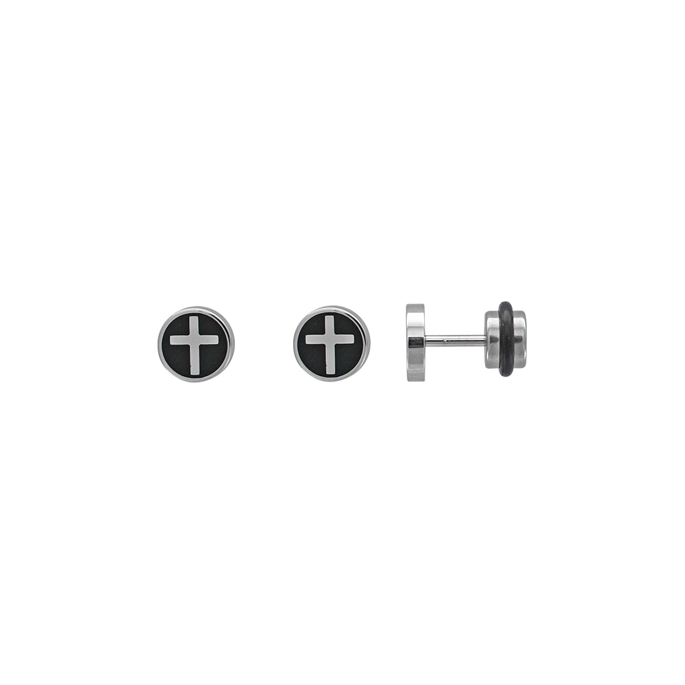 Boucles d'oreilles puces rondes motif croix acier et acier noir