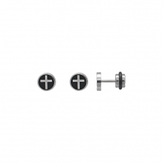 Boucles d'oreilles puces rondes motif croix acier et acier noir