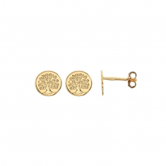 Boucles d'oreilles puces rondes ornées d'un Arbre de vie gravé en plaqué or