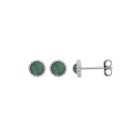 Boucles d'oreilles puces rondes perlées ornées d'une améthyste, argent 925/1000 rhodié