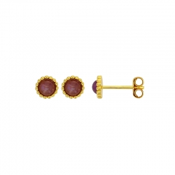 Boucles d'oreilles puces rondes perlées ornées d'une améthyste, argent 925/1000 rhodié