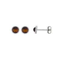 Boucles d'oreilles puces rondes perlées ornées d'une améthyste, argent 925/1000 rhodié