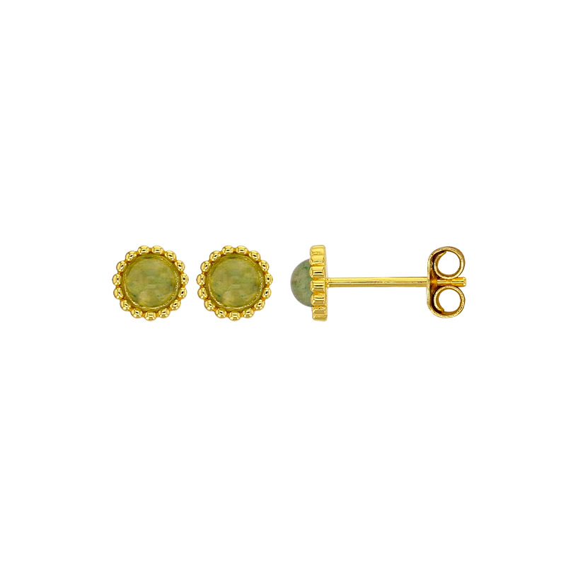Boucles d'oreilles puces rondes perlées ornées d'une améthyste, argent 925/1000 doré