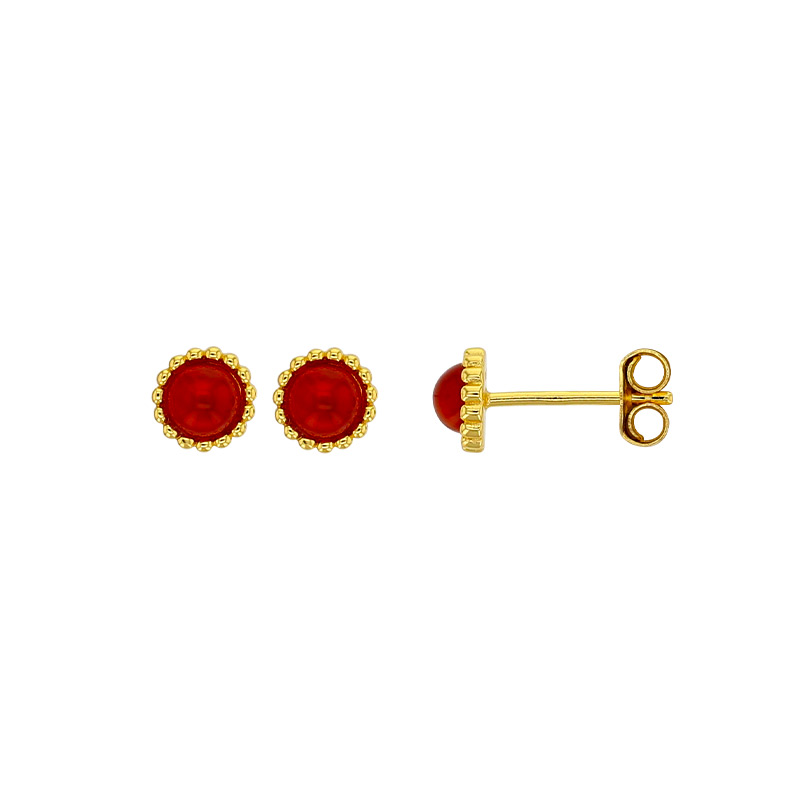 Boucles d'oreilles puces rondes perlées ornées d'une améthyste, argent 925/1000 doré