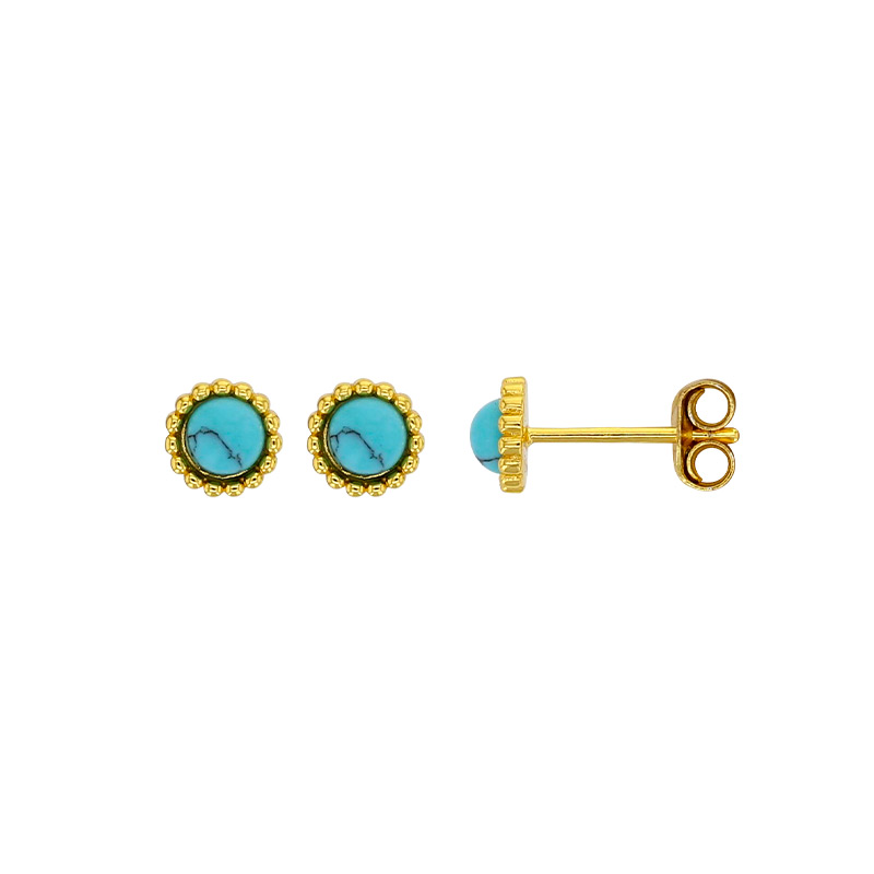 Boucles d'oreilles puces rondes perlées ornées d'une améthyste, argent 925/1000 doré