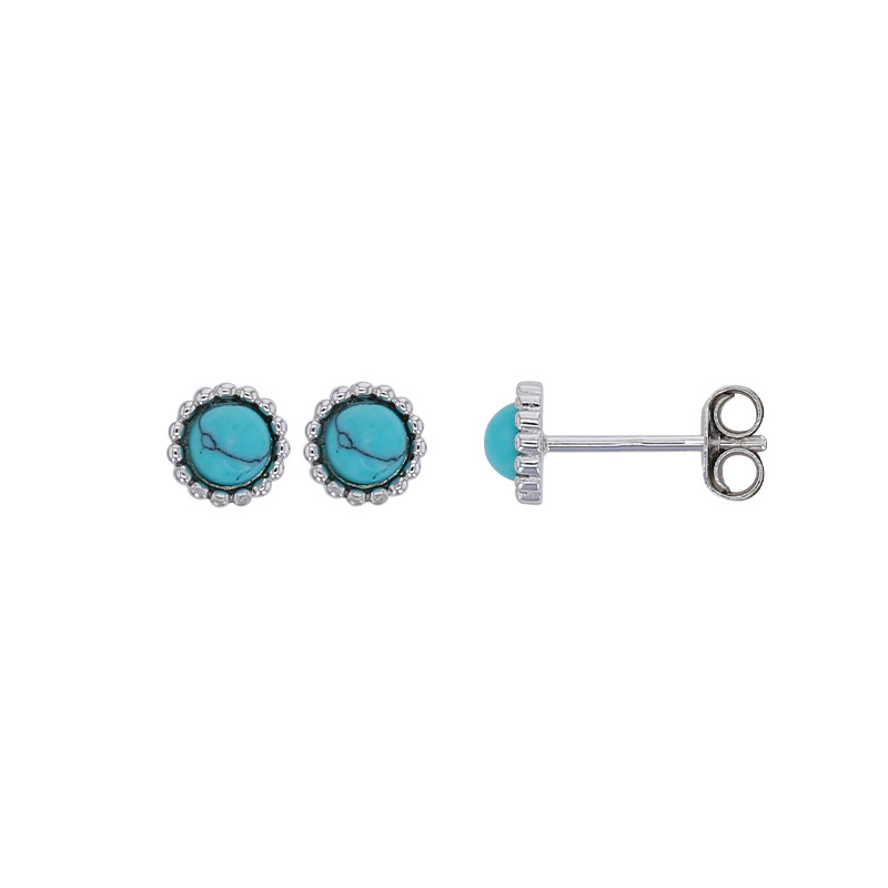 Boucles d'oreilles puces rondes perlées ornées d'une améthyste, argent 925/1000 rhodié