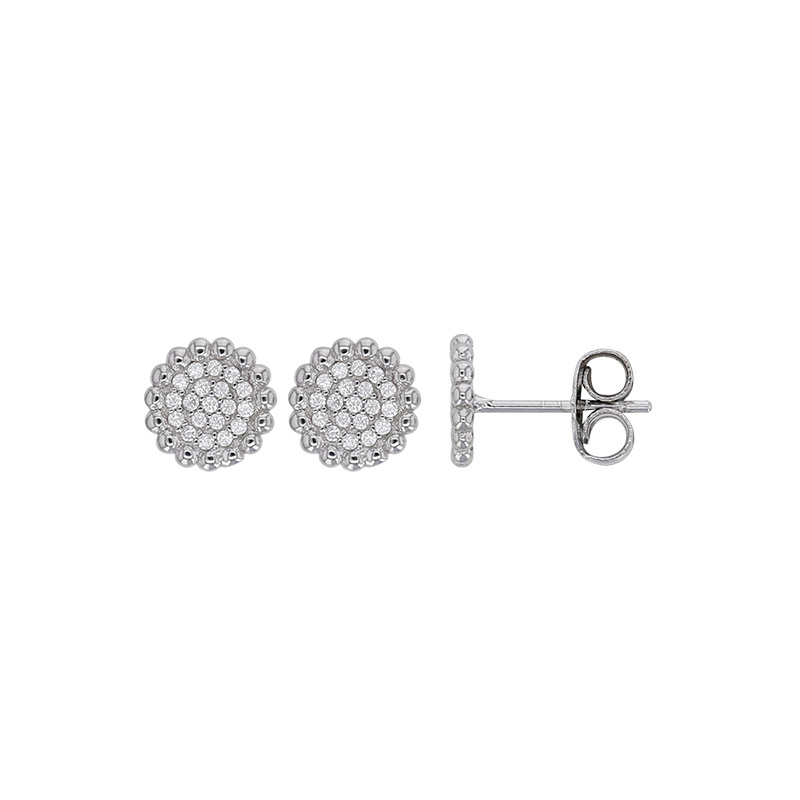 Boucles d'oreilles puces ronds perlés avec oxydes, argent 925/1000 rhodié