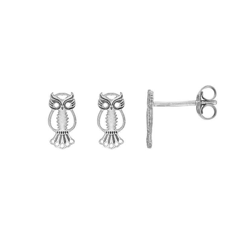 Boucles d'oreilles puces TERRA avec hibou ajouré en argent 925/1000 rhodié