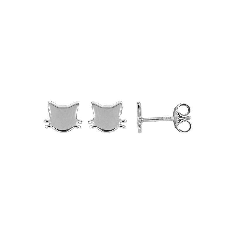 Boucles d'oreilles puces tête de chat, argent 925/1000 rhodié