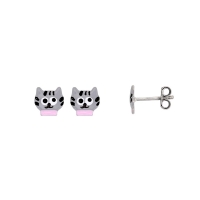 Boucles d'oreilles puces tête de chat émaillé gris en argent 925/1000 rhodié