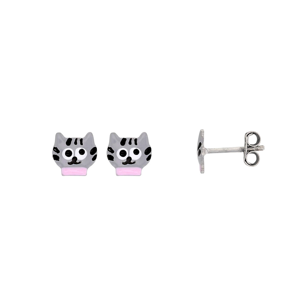 Boucles d'oreilles puces tête de chat émaillé gris en argent 925/1000 rhodié
