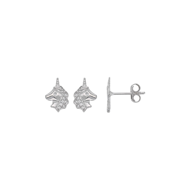 Boucles d'oreilles puces tête de licorne sertie d'oxydes, argent 925/1000 rhodié