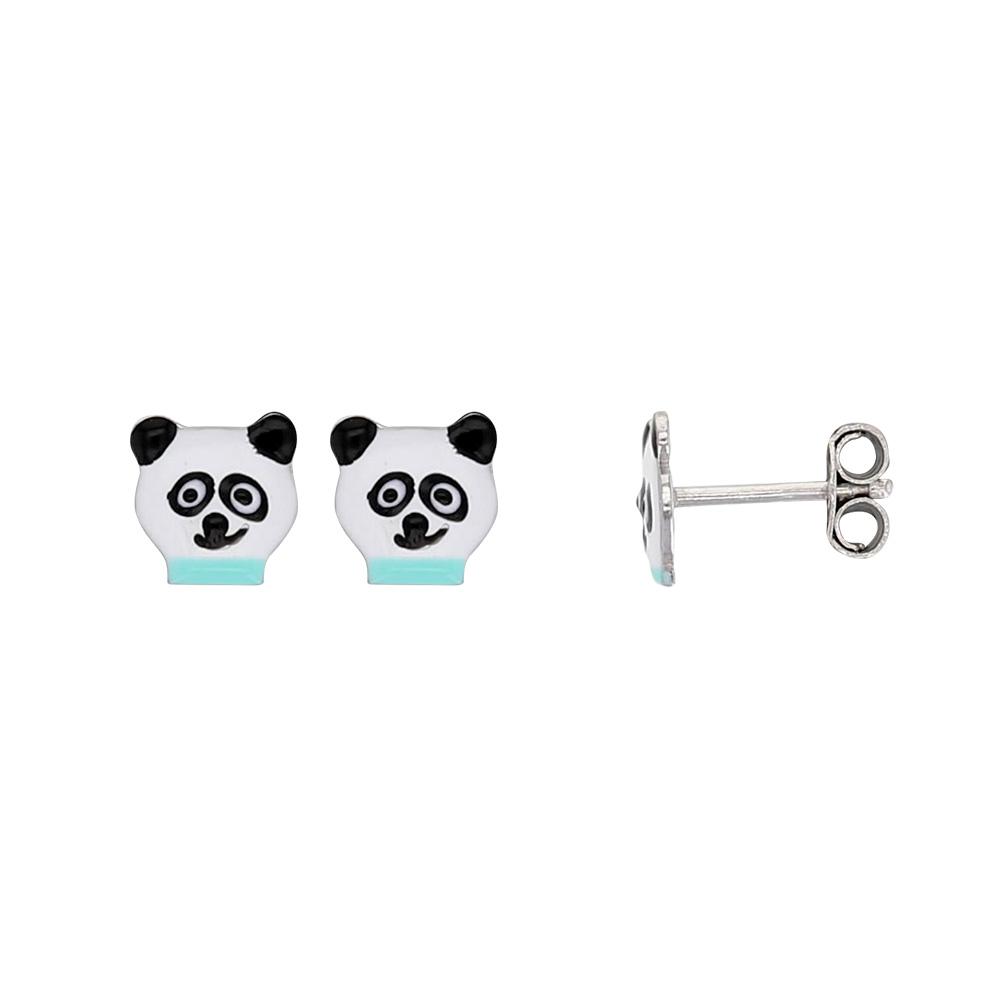 Boucles d'oreilles puces tête de panda émaillé et en argent 925/1000 rhodié