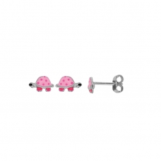 Boucles d'oreilles puces tortue à pois émail rose et argent 925/1000 rhodié