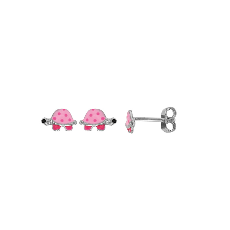 Boucles d'oreilles puces tortue à pois émail rose et argent 925/1000 rhodié