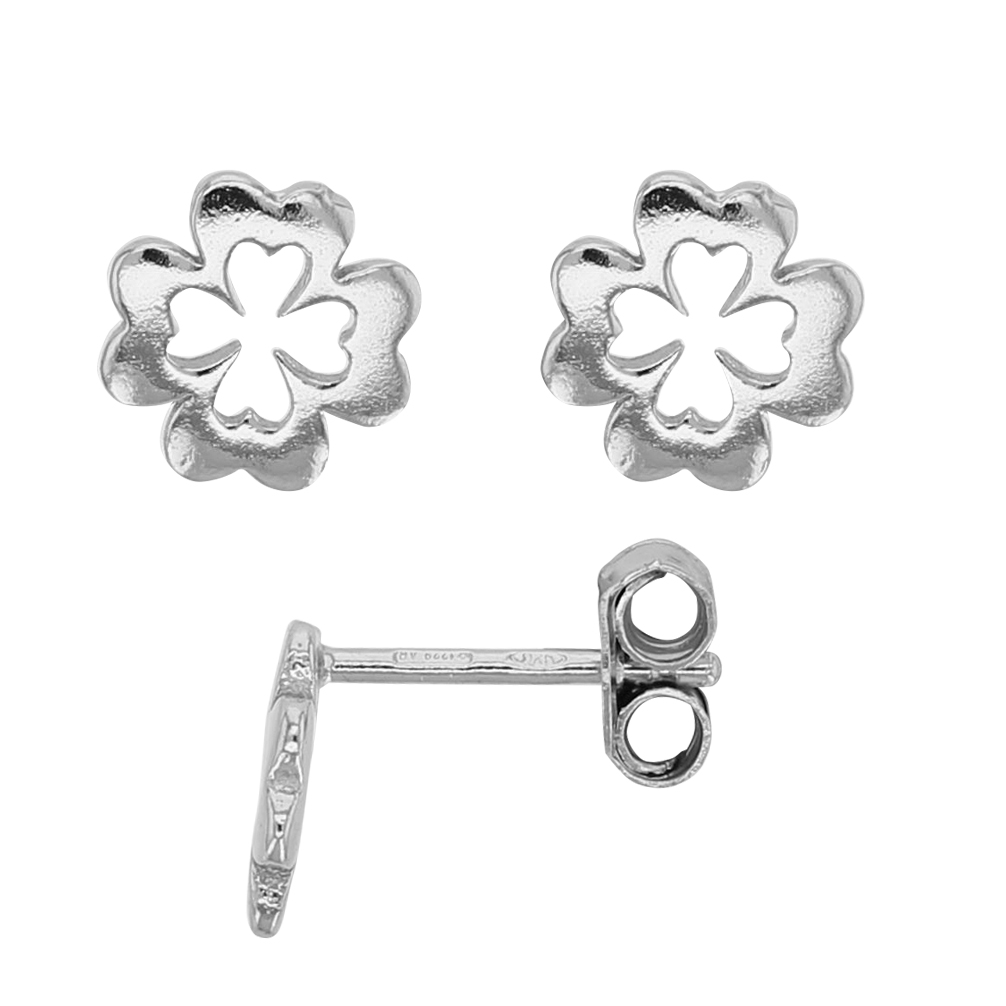 Boucles d'oreilles puces trèfle en argent rhodié