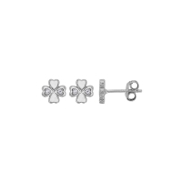 Boucles d'oreilles puces trèfle lisse et serti d'oxydes, argent 925/1000 rhodié